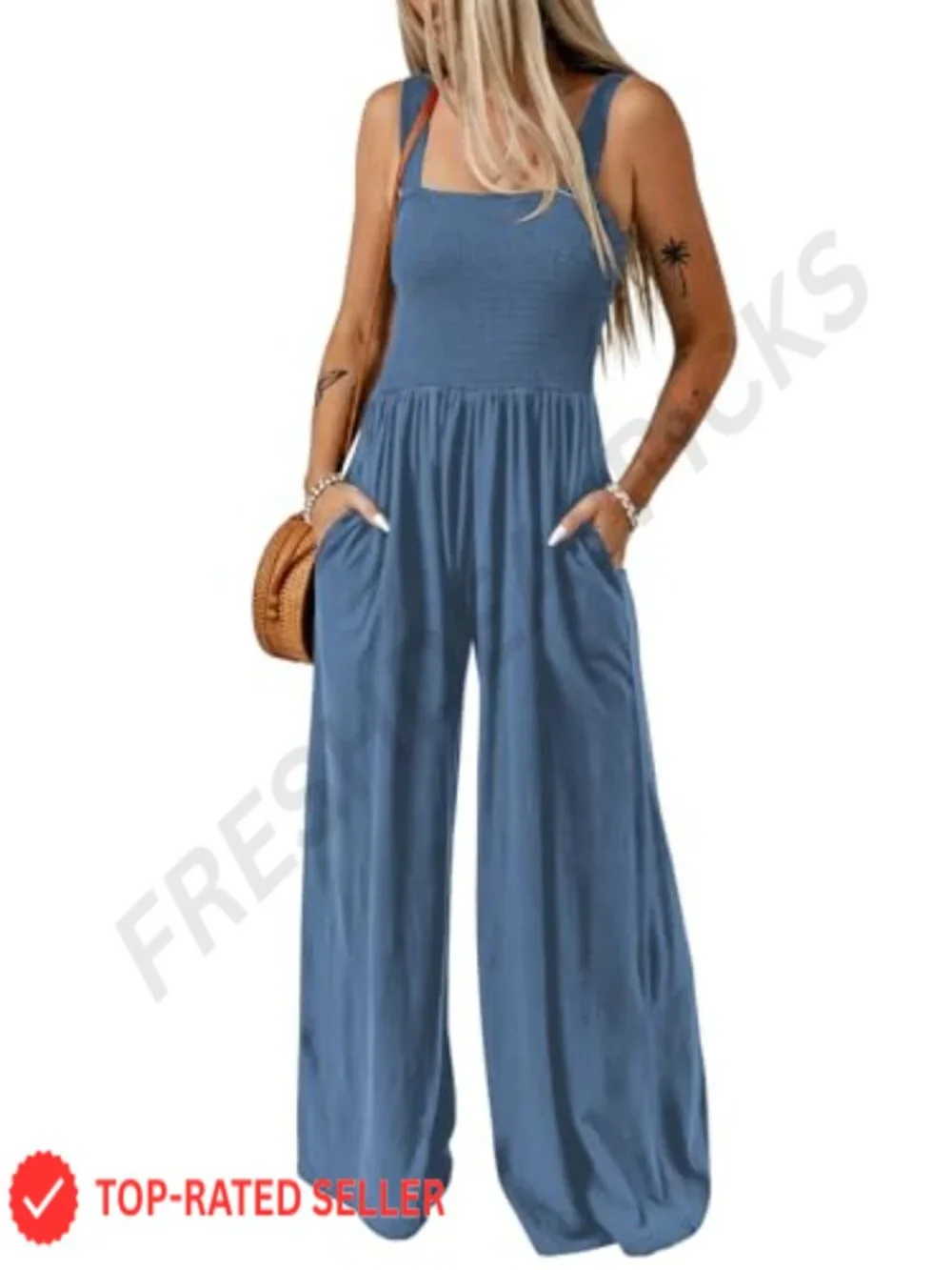 One Piece Sleeveless Wide Leg Jumpsuit Loose Fit Stretchy Polyester Casual